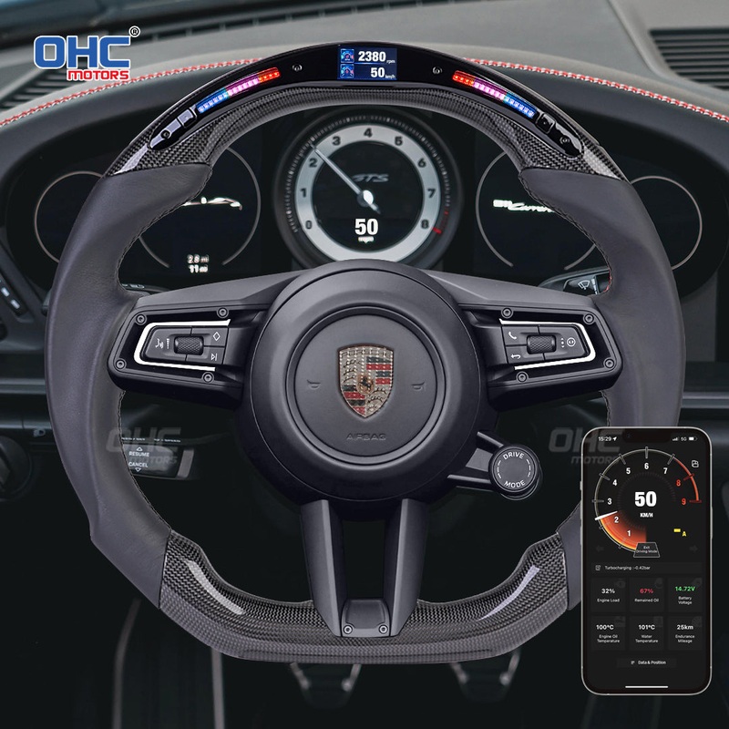 OHC Motors LED Light Up Carbon Fiber Steering Wheel for Porsche Mancan Cayenne Panamera 911 918 718