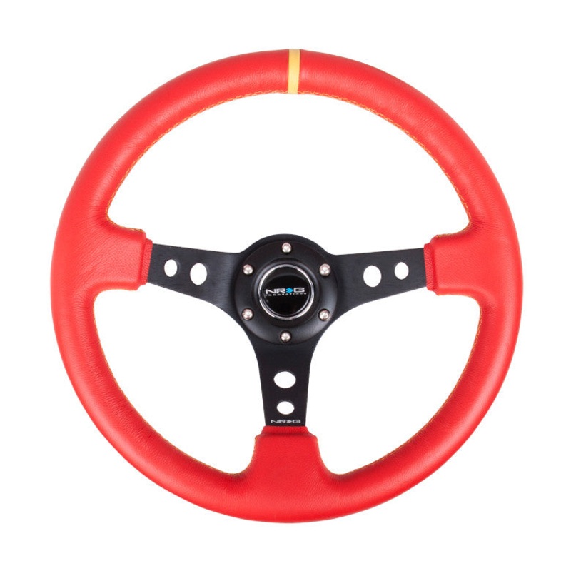 NRG ST-006 Series Steering Wheel (3″ Deep) Red Leather, Yellow Stitching, Black 3 Spoke, Yellow Center Marking (350mm)
