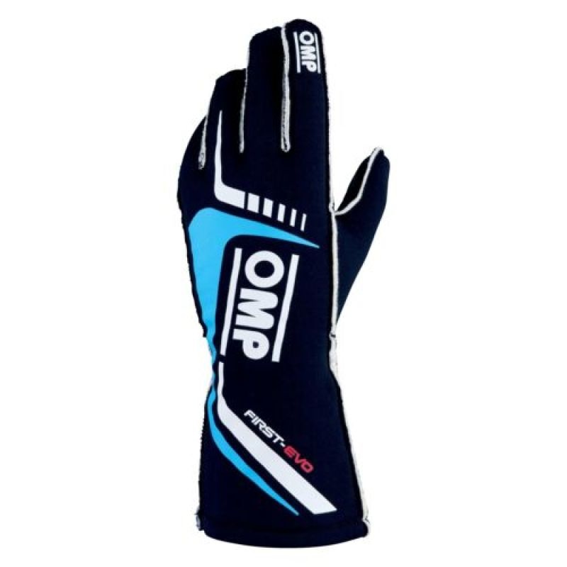 OMP First Evo Gloves (FIA 8556-2018) – Blue Navy / Cyan | Size Small