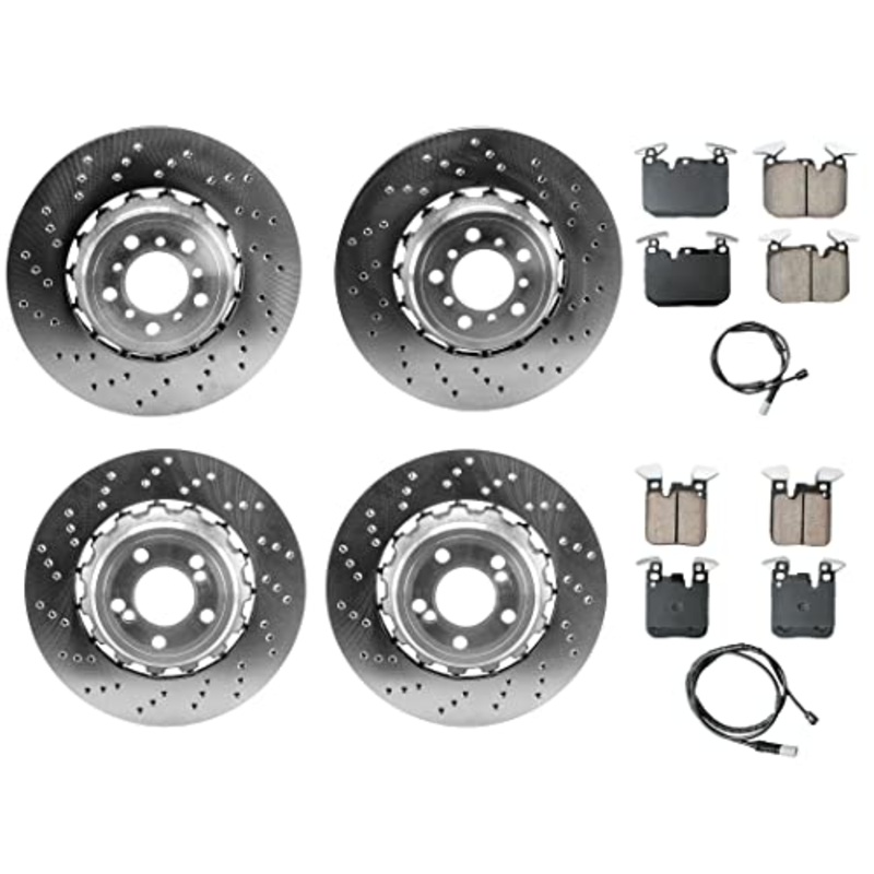 SHW Performance Made in Germany OEM Front 380mm & Rear 370mm Drilled Lightweight Composite High Carbon Alloy Vented Brake Disc Rotors with Akebono Ceramic Pads Kit For BMW F87 M2 F80 M3 F82 F83 M4