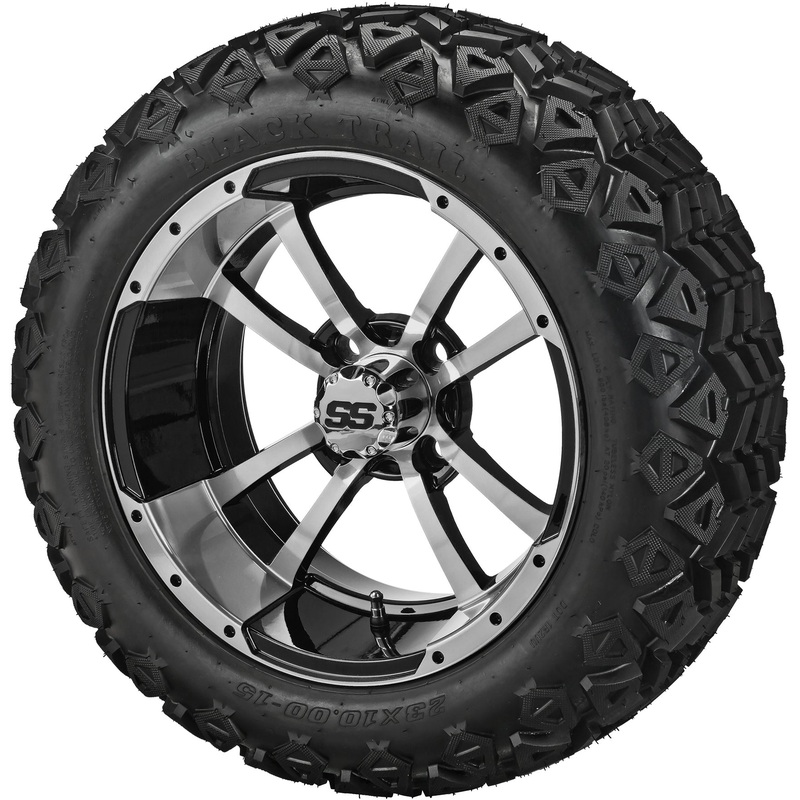 15″ Maltese Cross Black/Machined on 23×10.00-15 Black Trail Tires