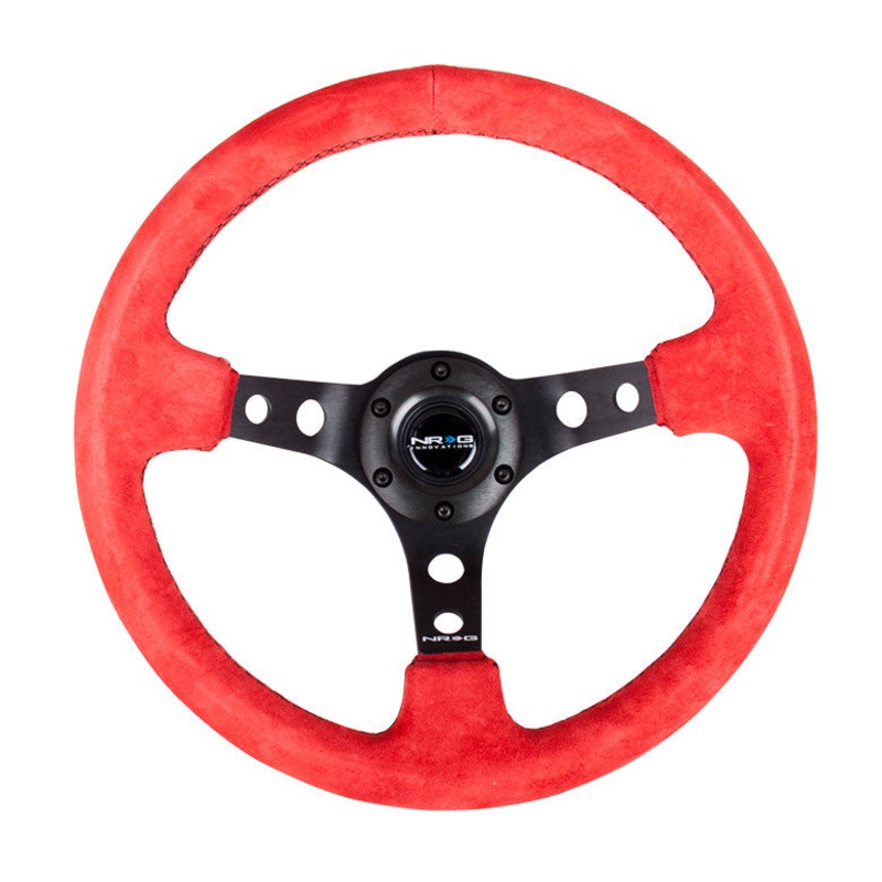 NRG ST-006 Series Steering Wheel (3″ Deep) Red Suede, Black Stitching, Black 3 Spoke (350mm)