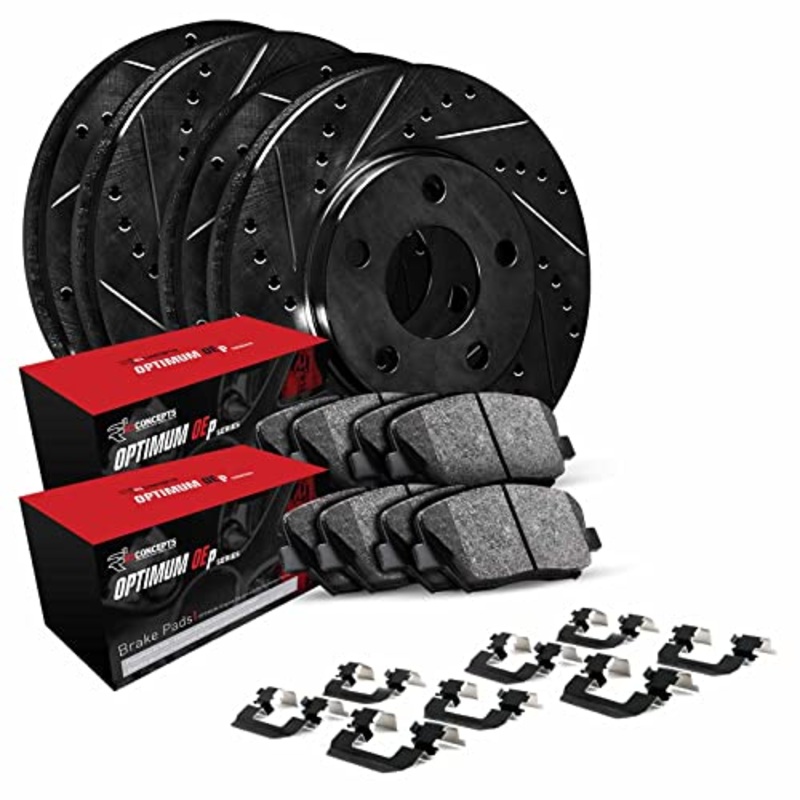 R1 Concepts Front Rear Brakes and Rotors Kit |Front Rear Brake Pads| Brake Rotors and Pads| Optimum OEp Brake Pads and Rotors |Hardware Kit|fits 2012-2022 Dodge Durango; Jeep Grand Cherokee